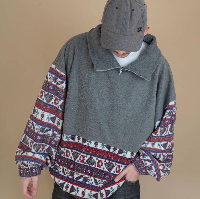Vintage Polar Fleece Jumper Grey Pastel Funky Crazy Pattern Size Xl 80S von nonaClothingVintage