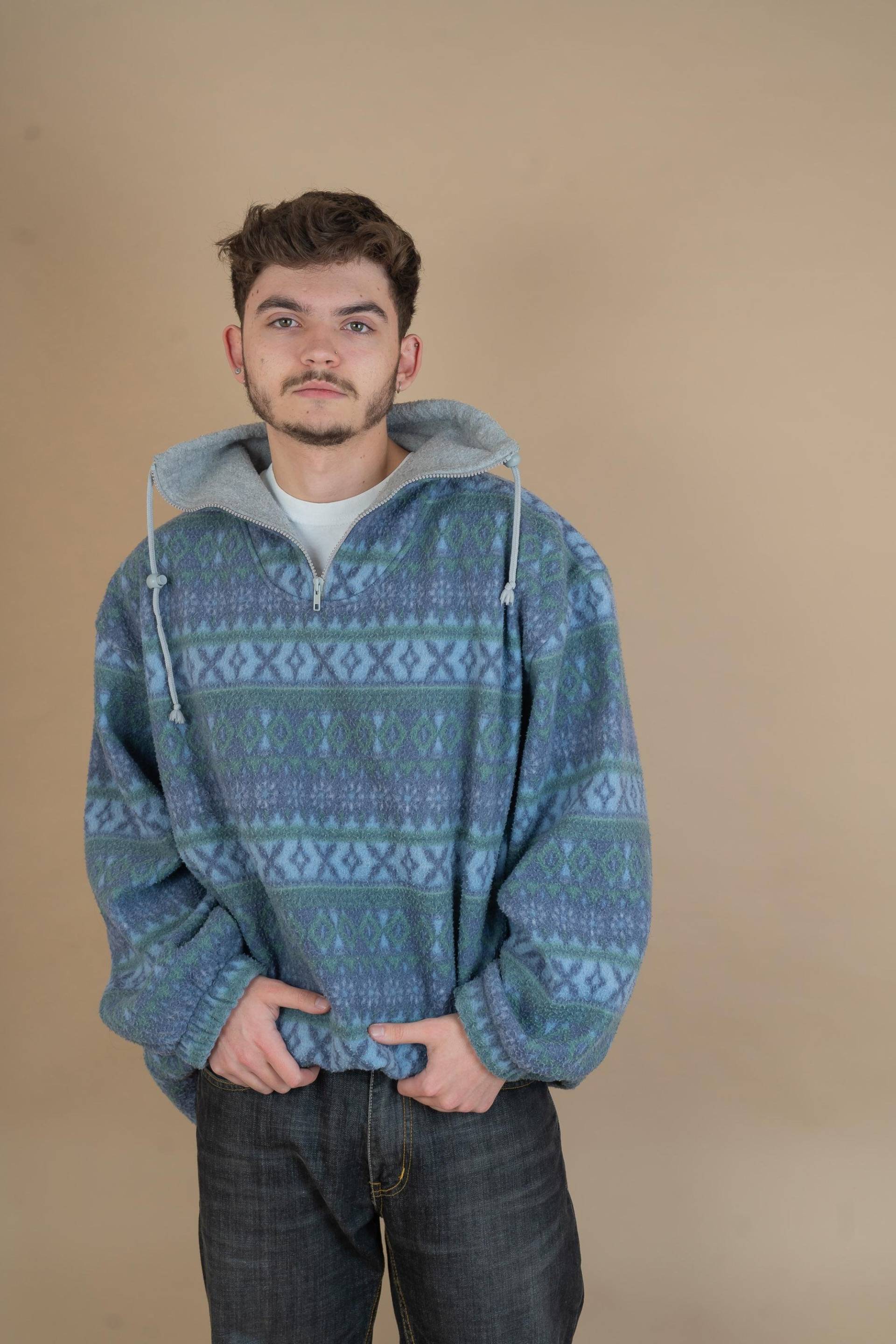 Vintage Polar Fleece Jumper Grey Pastel Green Funky Crazy Pattern Size L - Xl 80S von nonaClothingVintage