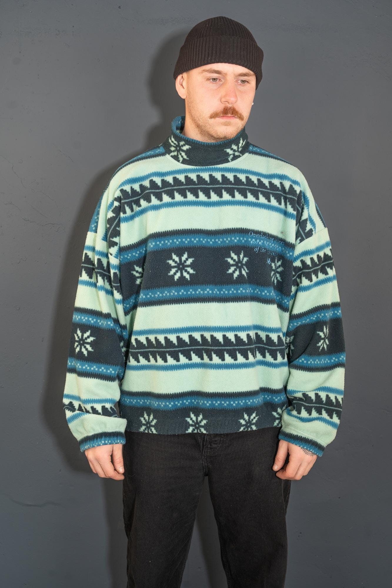 Vintage Polar Fleece Jumper Grey Pastel Green Funky Crazy Pattern Size L - Xl 80S von nonaClothingVintage