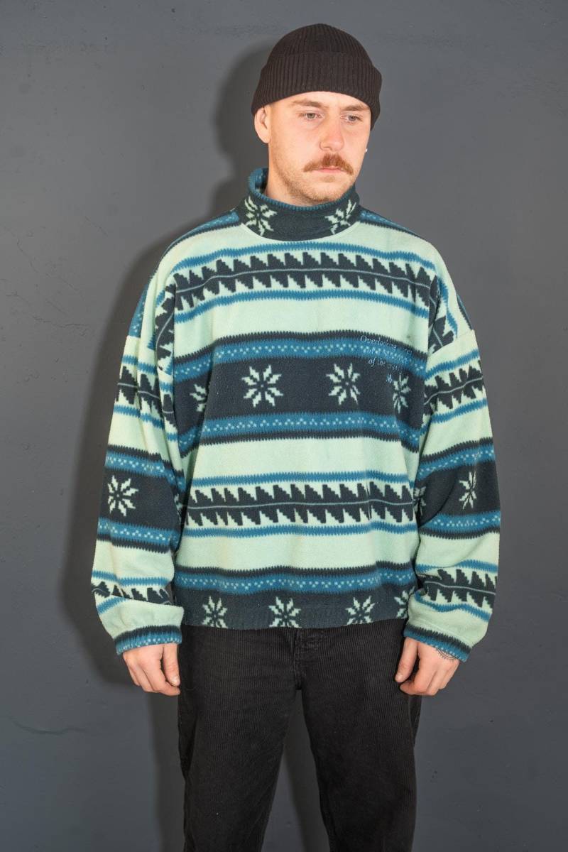 Vintage Polar Fleece Jumper Grey Pastel Green Funky Crazy Pattern Size L - Xl 80S von nonaClothingVintage