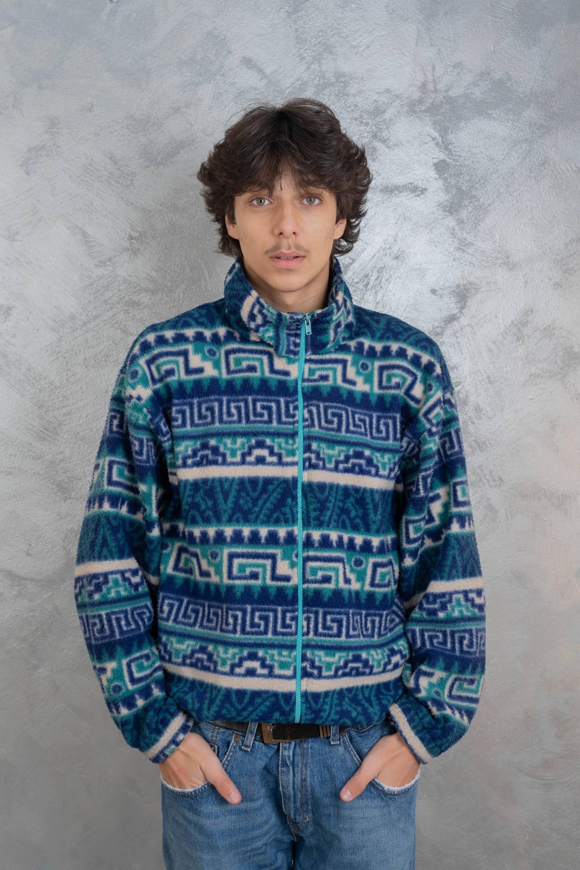 Vintage Polar Fleece Jumper Grey Pastel Green Funky Crazy Pattern Size L - Xl 80S von nonaClothingVintage