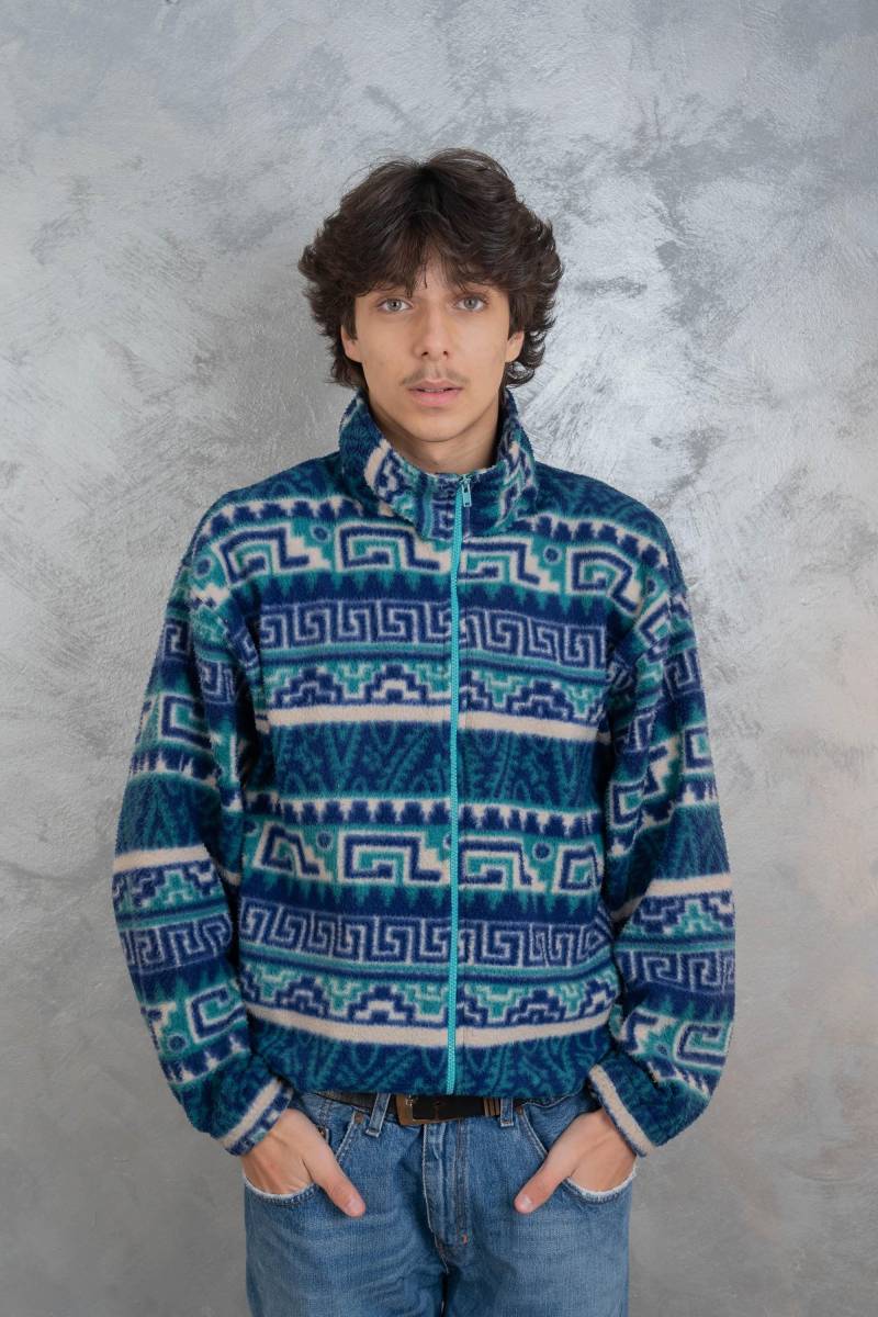 Vintage Polar Fleece Jumper Grey Pastel Green Funky Crazy Pattern Size L - Xl 80S von nonaClothingVintage