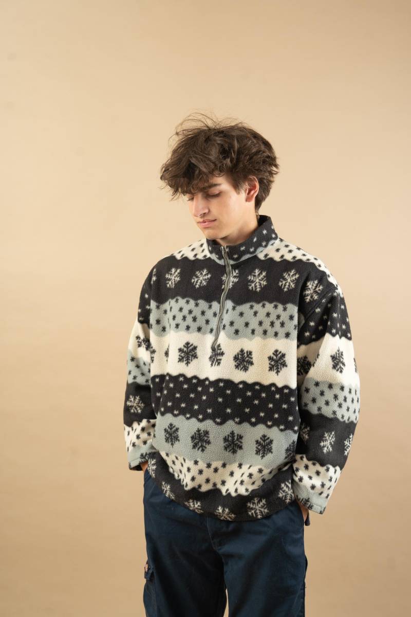 Vintage Polar Jumper Fleece Pullover Black White Abstract Crazy Pattern Size L 80S von nonaClothingVintage