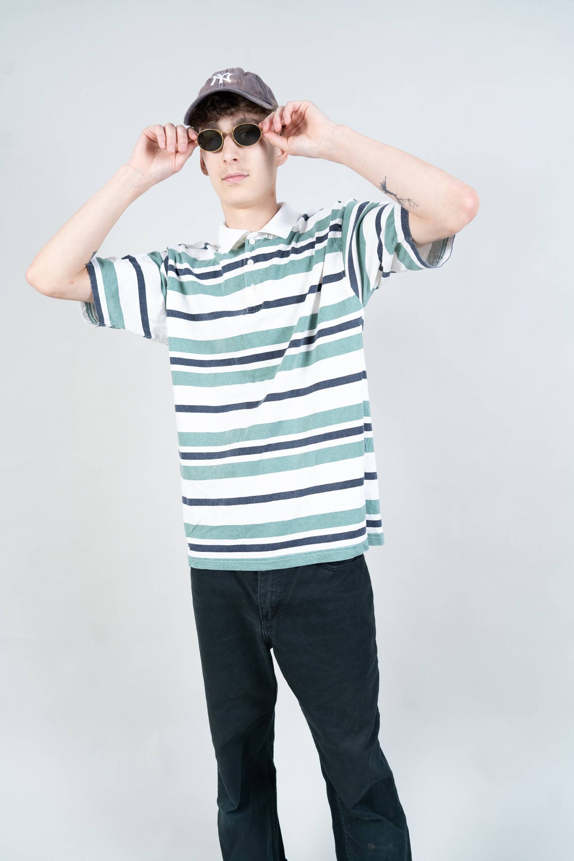 Vintage Printed Striped Polo Shirt Green & Blue Size L Cotton 80S von nonaClothingVintage