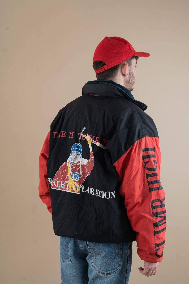 Vintage Puffer Jacket Black & Red Expedition Climb High Logo With Hoody Size L 80S 90S von nonaClothingVintage