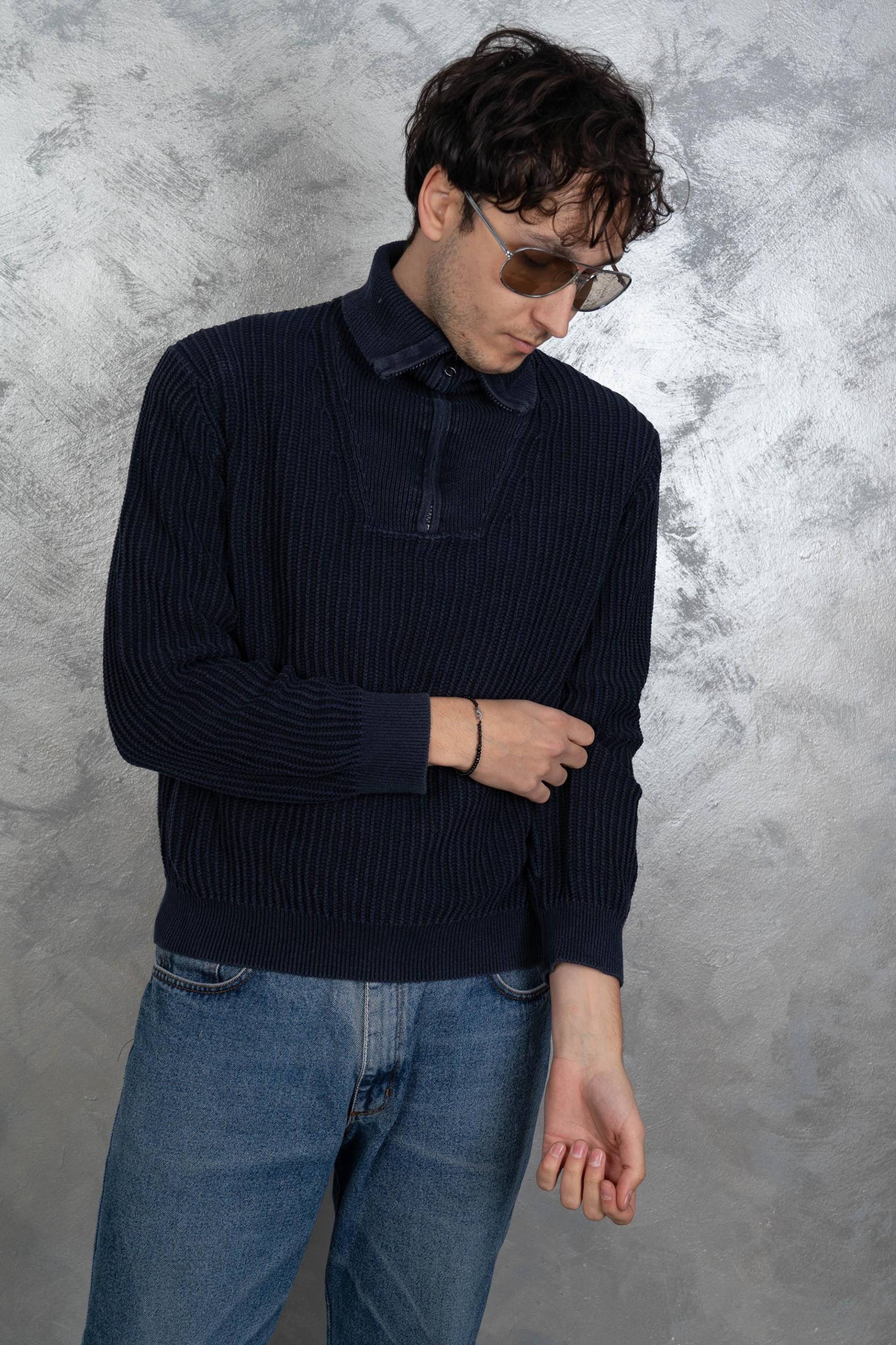 Vintage Pullover Sweater Size L Knit Sweater Jumper 80S 90S Navy Blue High Zip Neck Wool Blend Army von nonaClothingVintage