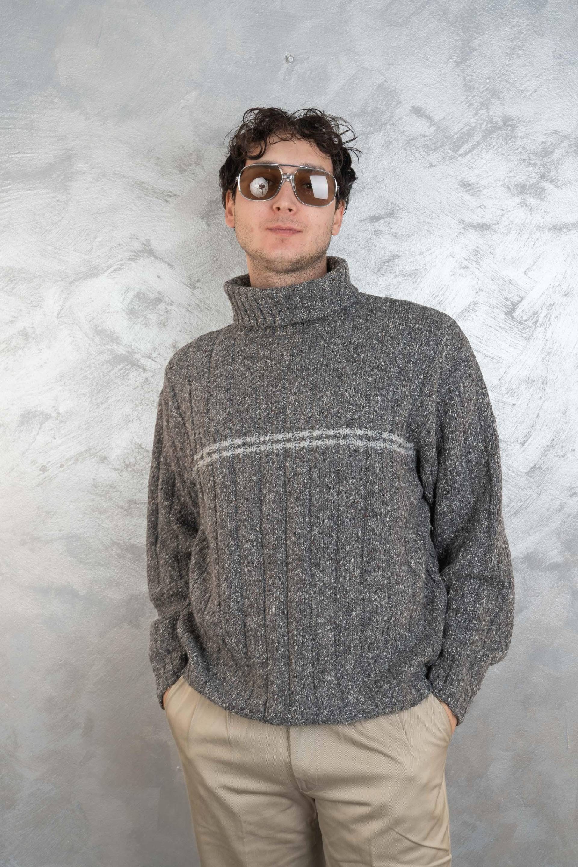 Vintage Pullover Sweater Size L Knit Sweater Turtleneck Jumper 80S 90S Navy Grey Wool Blend Army von nonaClothingVintage