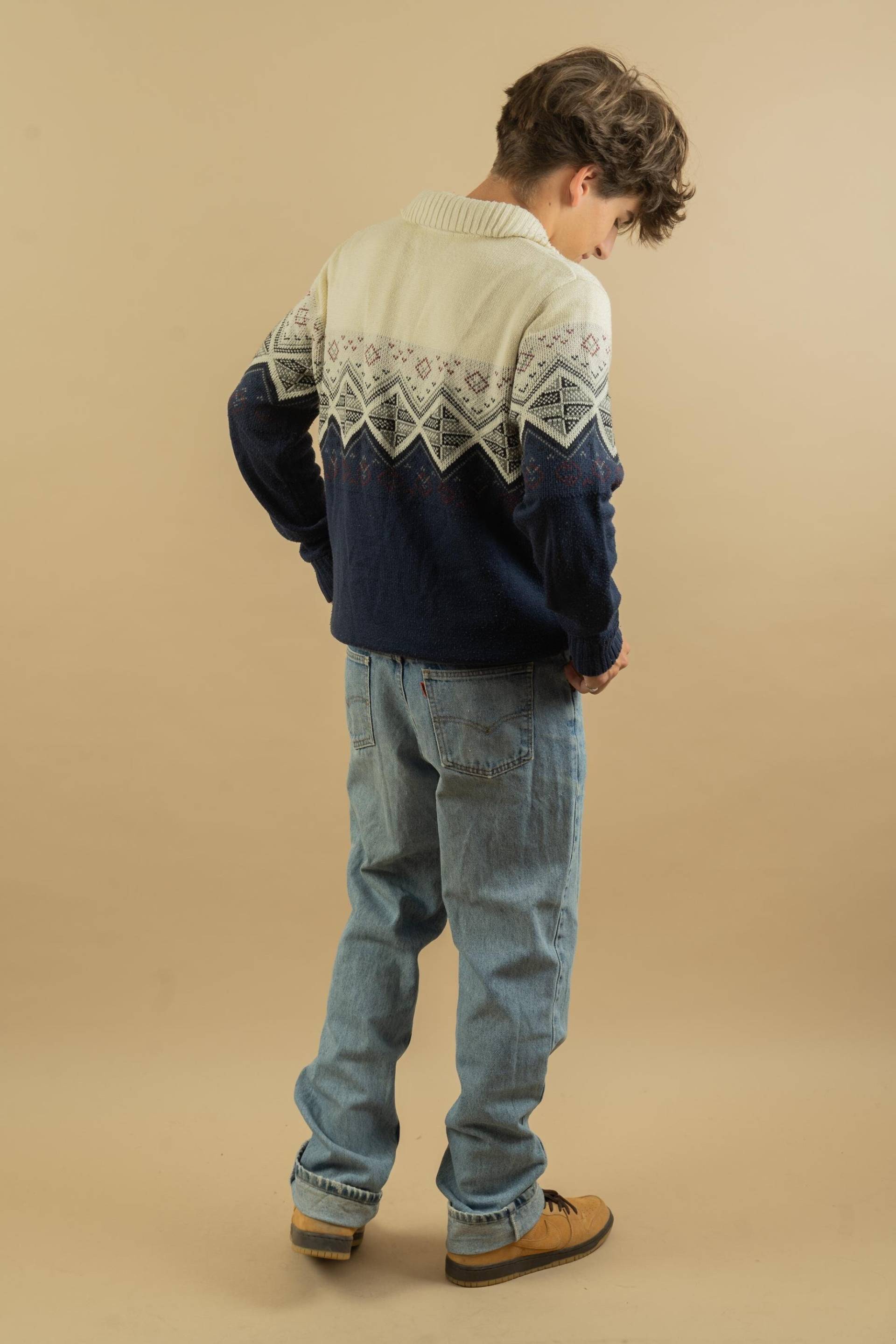 Vintage Pullover Sweater Size M-L Crazy Pattern Knit Sweater Jumper 80S 90S Blue White Beige, High Neck von nonaClothingVintage