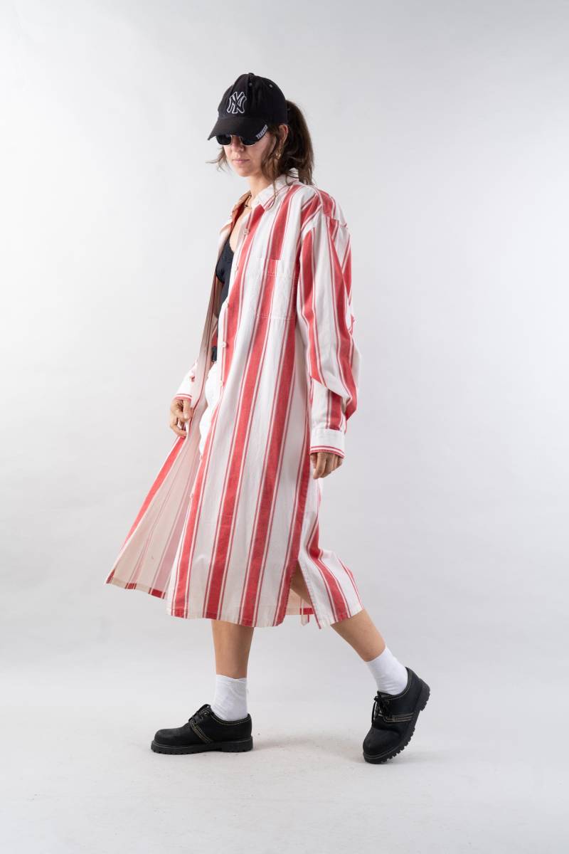 Vintage Red Beige Coat Dress Button Up Utility Maxi Cardigan Cotton Hard 80S Oversized von nonaClothingVintage