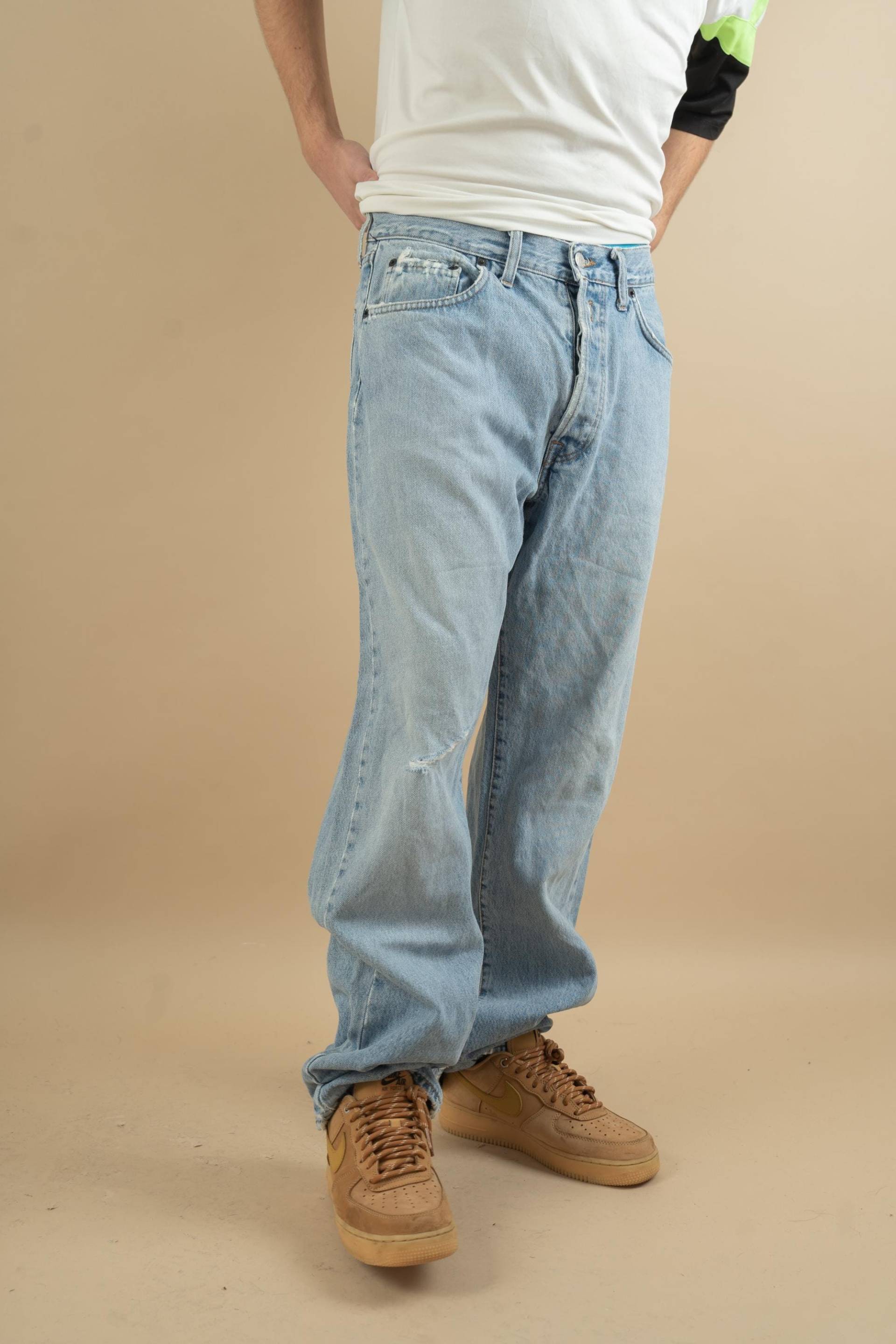 Vintage Replay Denim Jeans Size M/L Baggy Flare Pants Light Blue Wash 80S von nonaClothingVintage