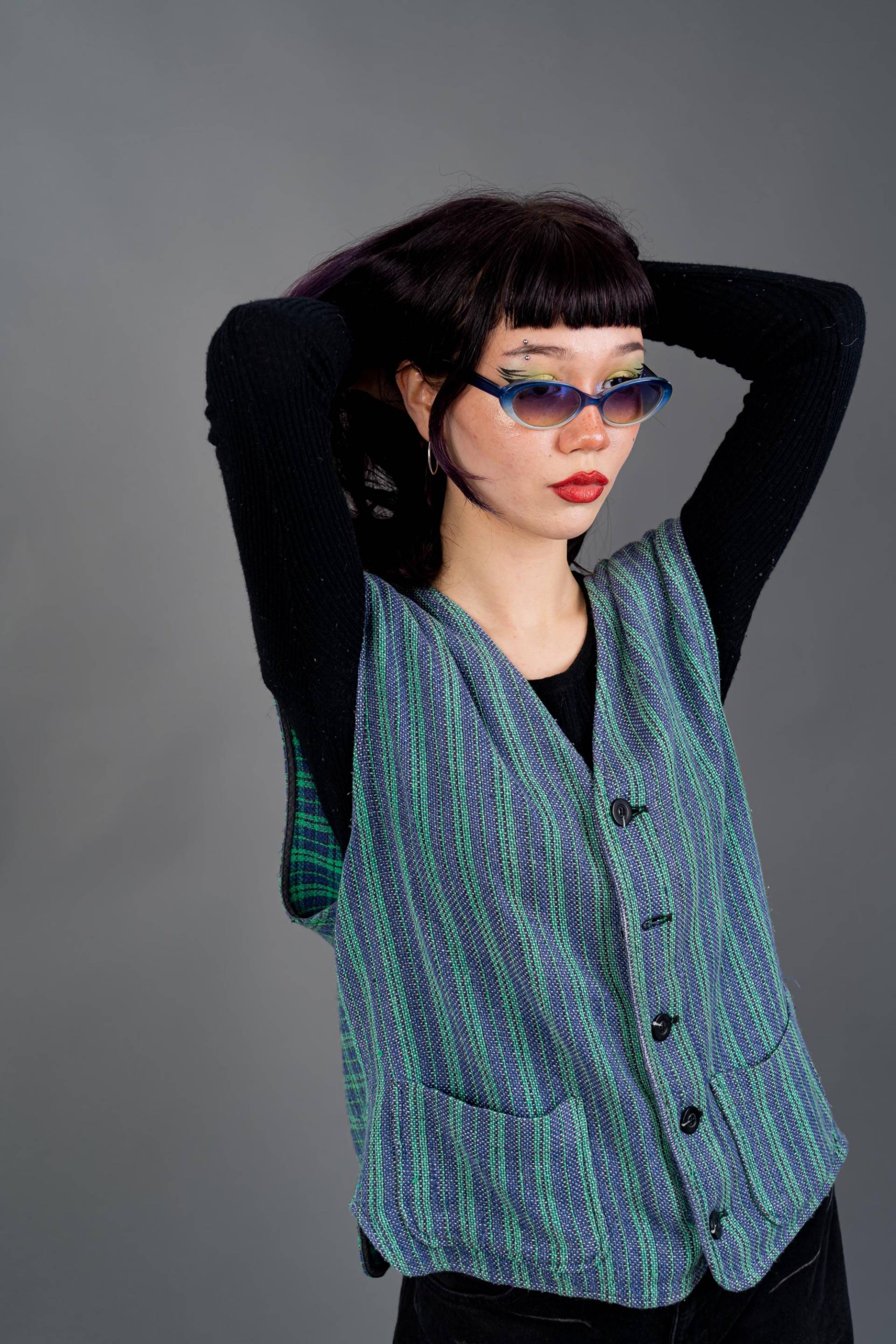 Vintage Striped Cotton Vest Green Blue - Button Up Unisex Size M von nonaClothingVintage