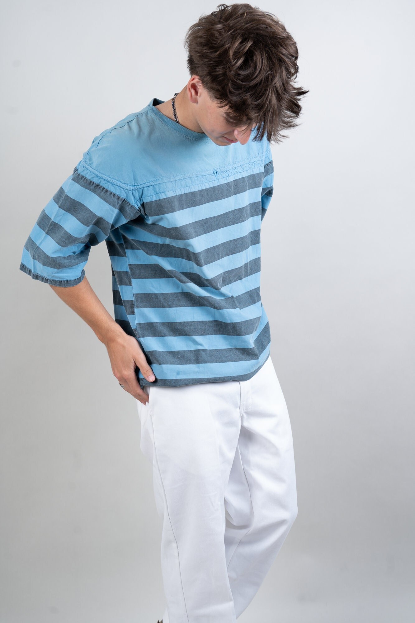 Vintage Striped Shirt Blue & Black Hard Cotton 80S Original Piece Gender Neutral von nonaClothingVintage