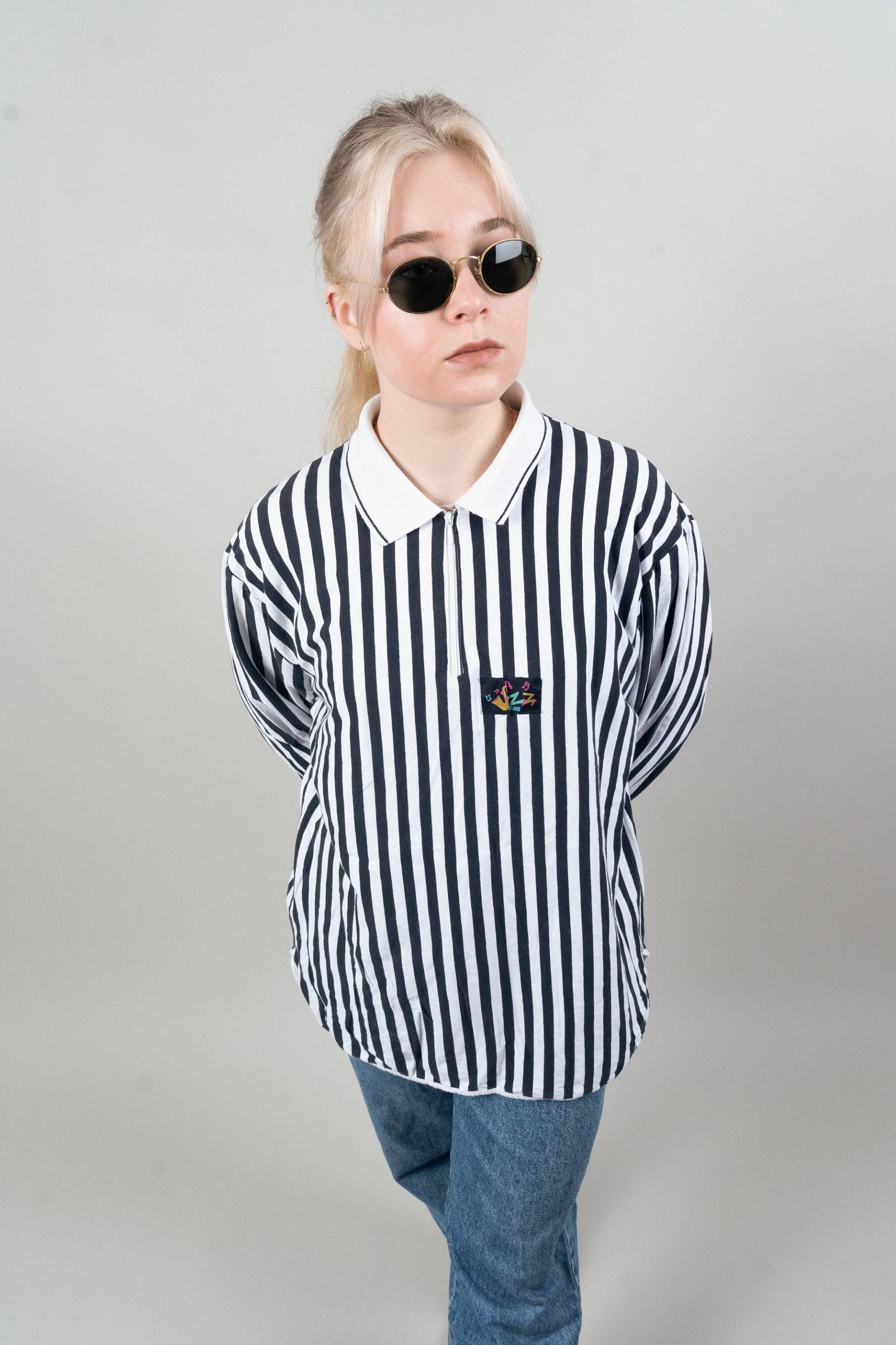 Vintage Striped Shirt Quarter Zip Black & White Cotton 80S von nonaClothingVintage