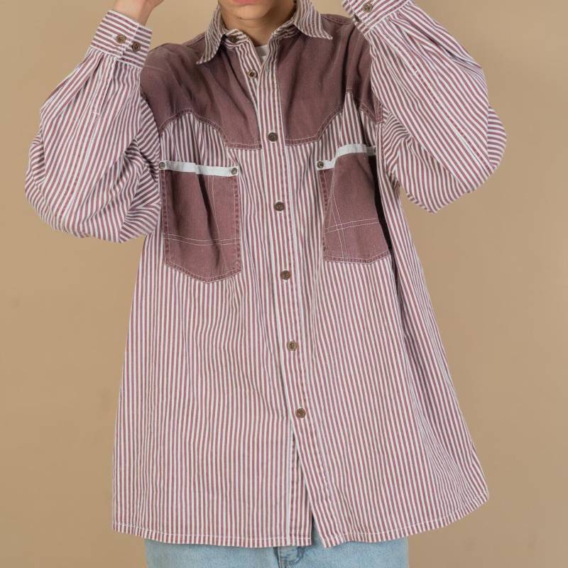 Vintage Striped Shirt White & Raspberry Red Longsleeve Pockets Size L Cotton Linen 80S von nonaClothingVintage