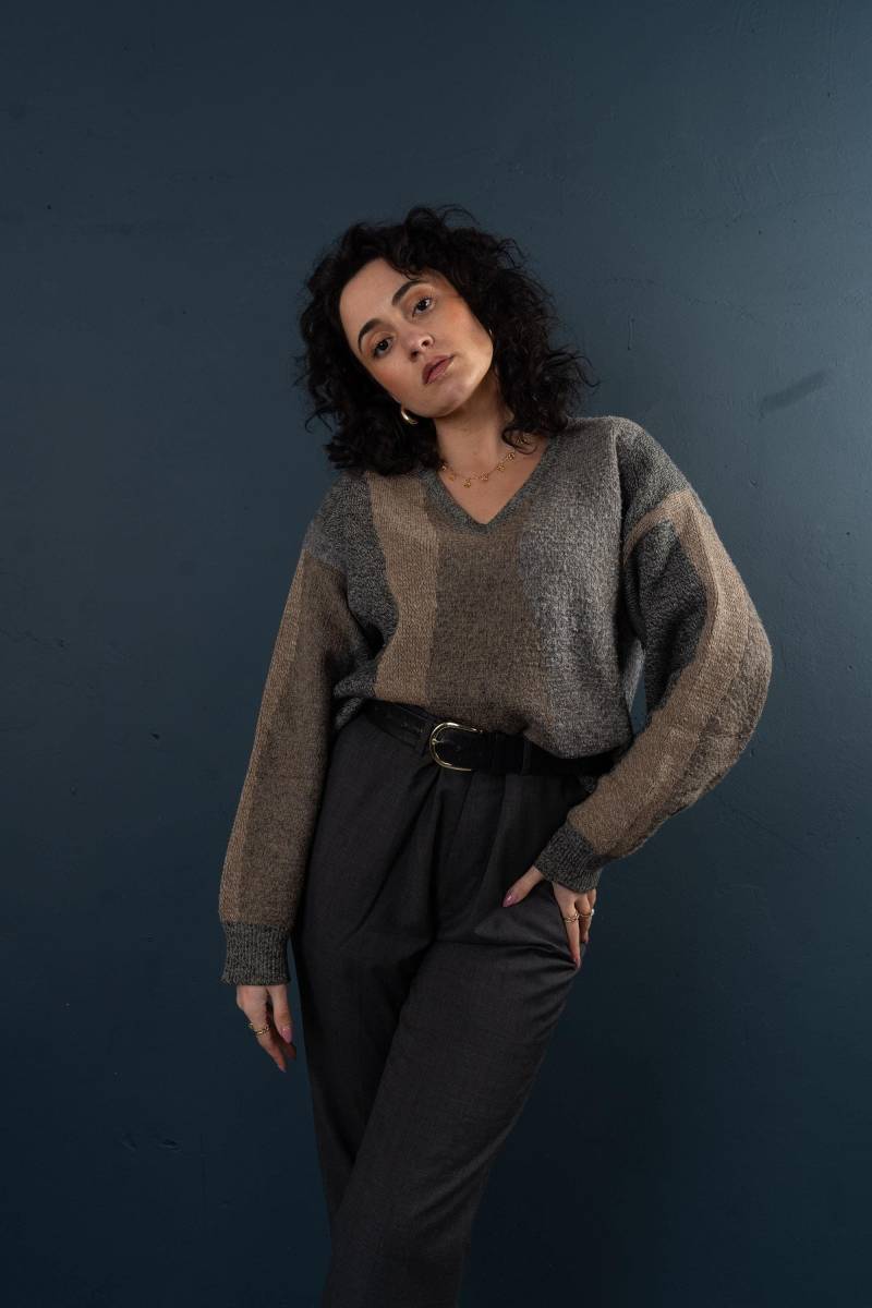 Vintage Sweater Jumper Knitted Brown Grey Abstract Pattern Wool Blend For Men Woman Secondhand Size M/L 80S 90S von nonaClothingVintage