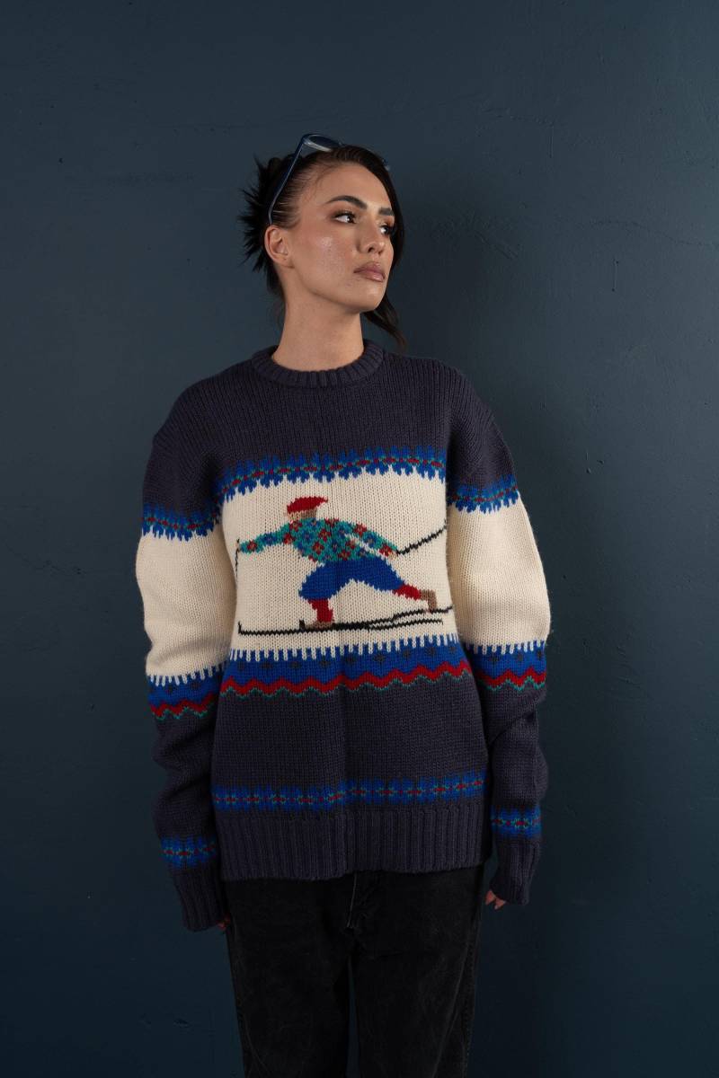 Vintage Sweater Knitted Oversized Ski Pattern Blue Gender Neutral Jumper For Men Woman Size Xl 80S von nonaClothingVintage