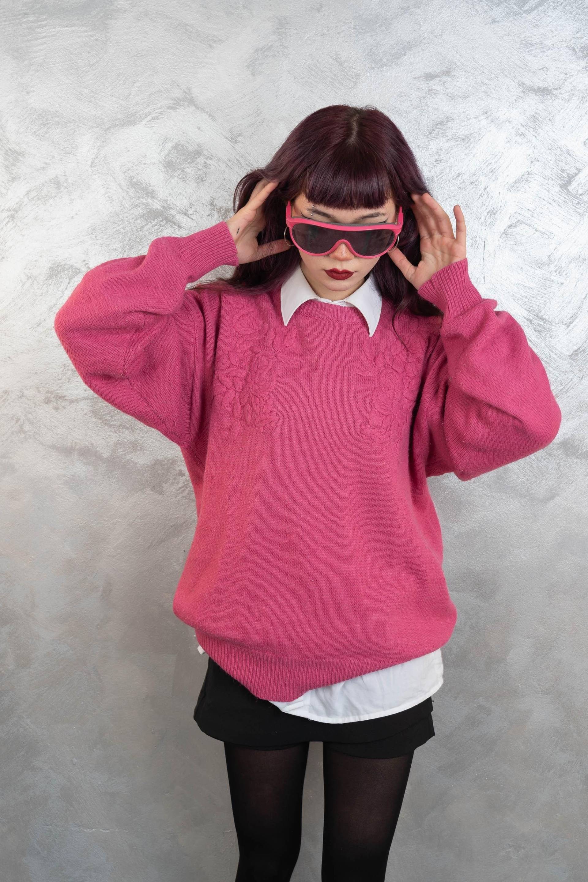 Vintage Sweater Pink Crazy Funky Pattern Size L Knitted Granny 80S von nonaClothingVintage