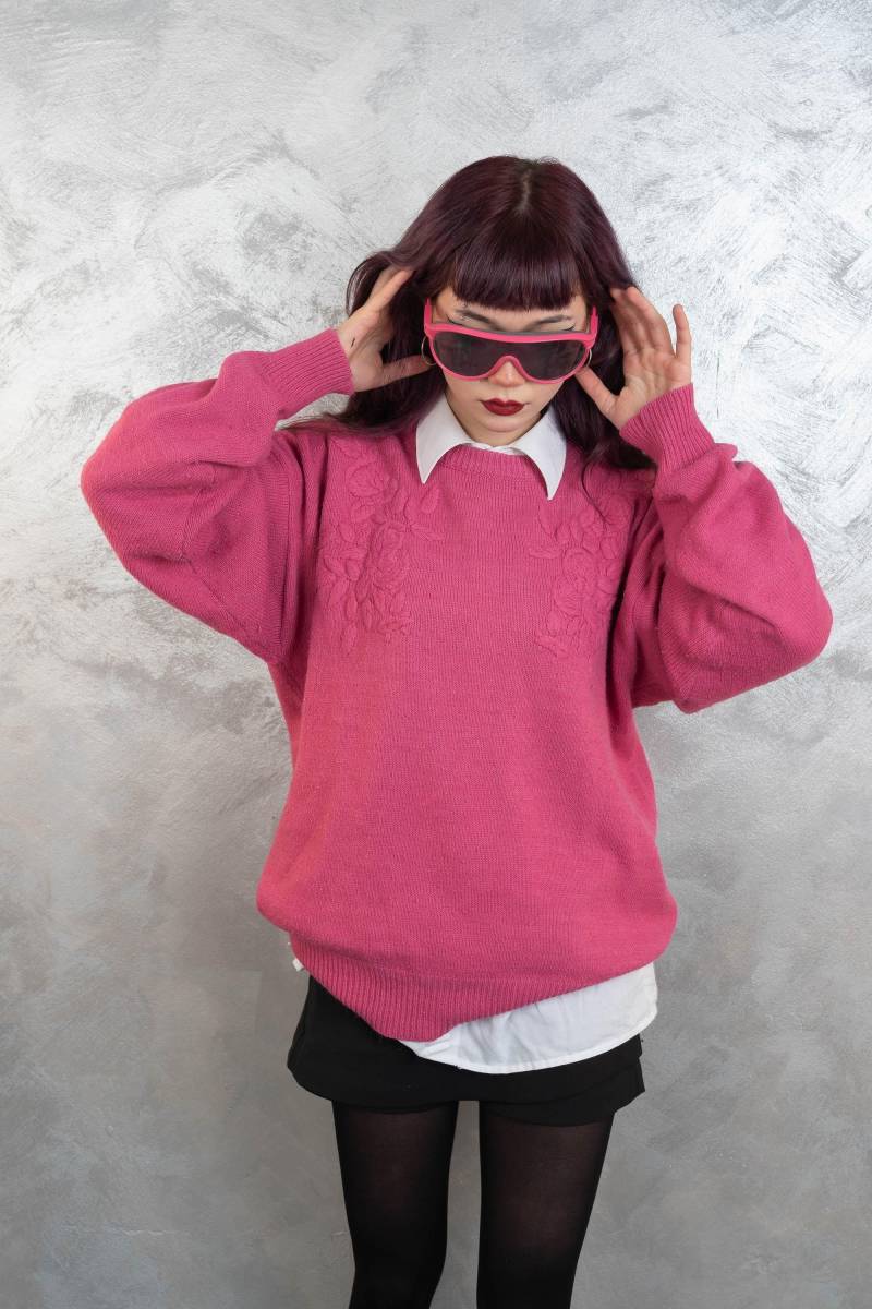 Vintage Sweater Pink Crazy Funky Pattern Size L Knitted Granny 80S von nonaClothingVintage