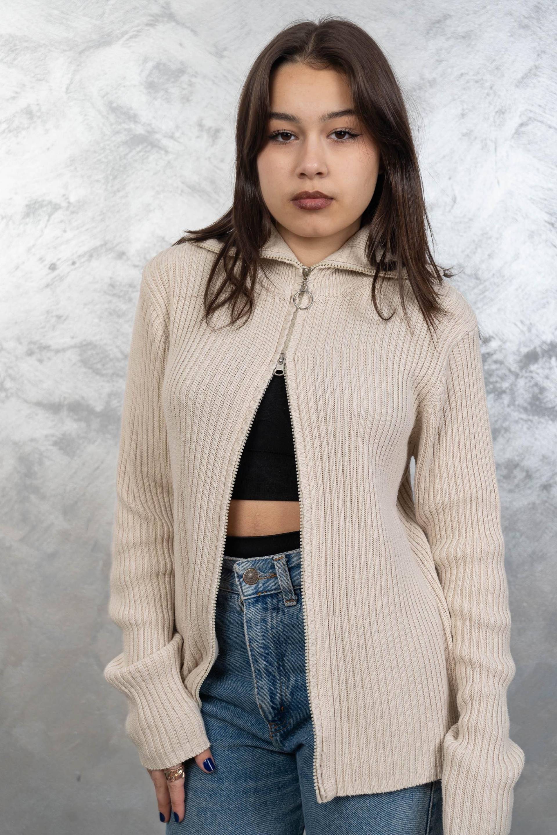 Vintage Sweater Zip Up Cardigan Beige With Sporty Style Size S/M 80S 90S Y2K von nonaClothingVintage