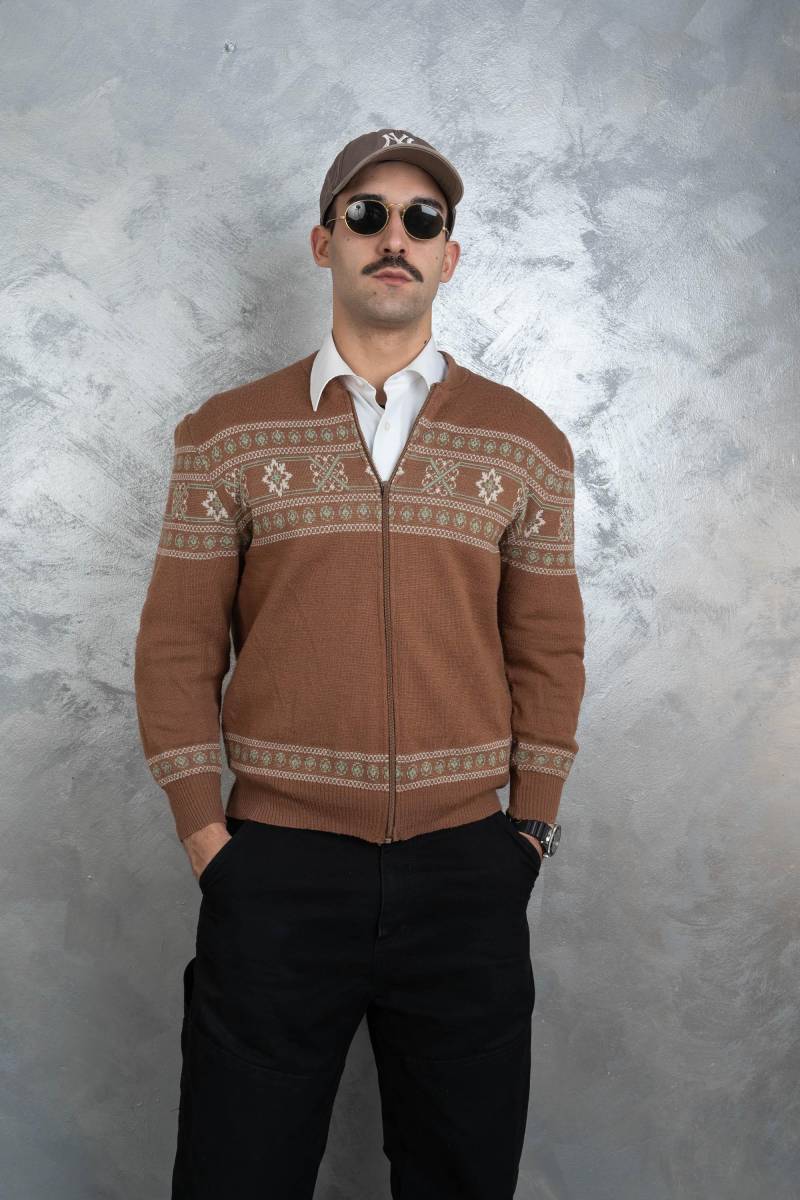 Vintage Thick Cardigan Jumper Jacket Pullover Beige Brown Nordic Star Pattern Size L - Xl 80S 90S von nonaClothingVintage
