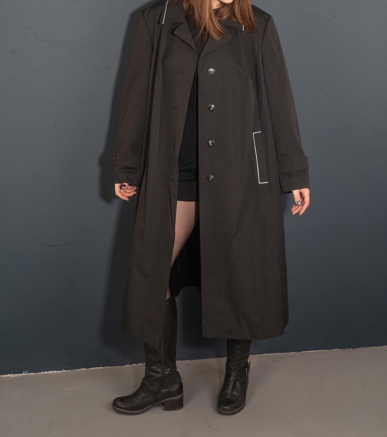 Vintage Trench Coat Black Overcoat Size M 80S 90S Second Hand Gender Neutral von nonaClothingVintage