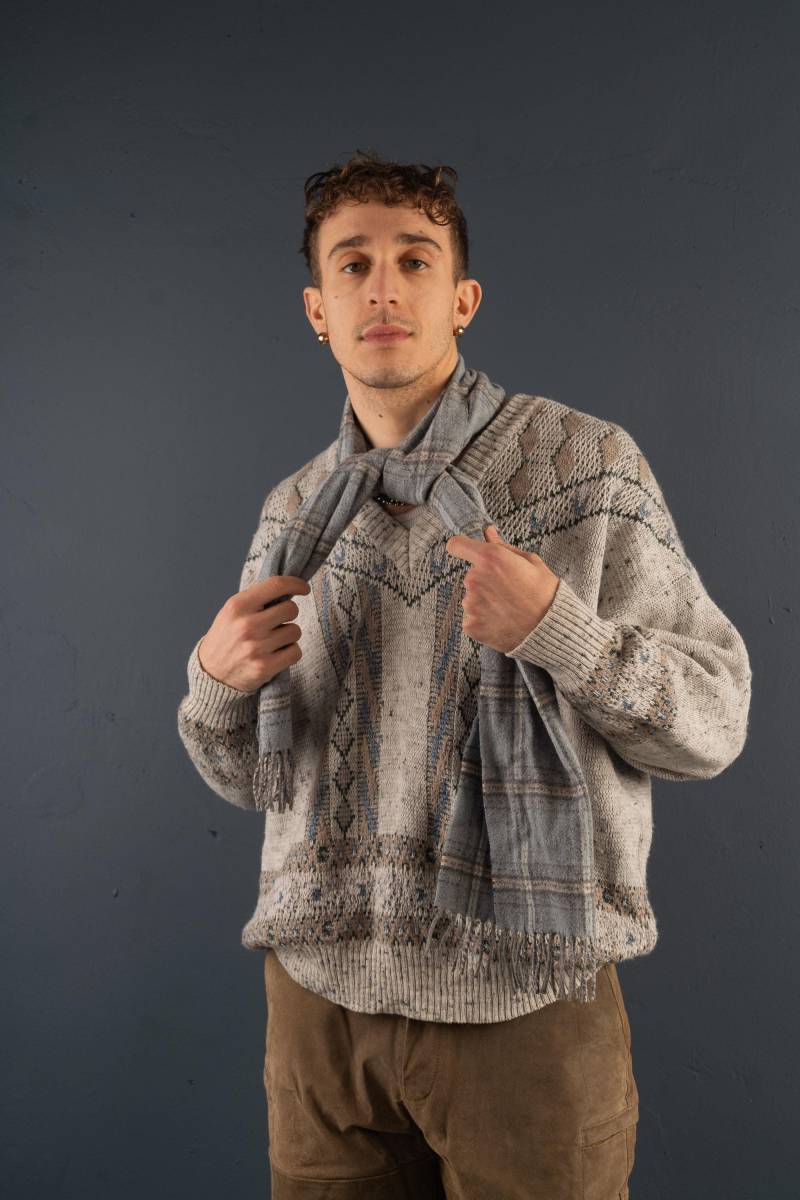 Vintage V- Neck Grandpa Sweater Knitted Crazy Abstract Pattern Brown Beige Size L - Xl 90S Cotton Blend von nonaClothingVintage