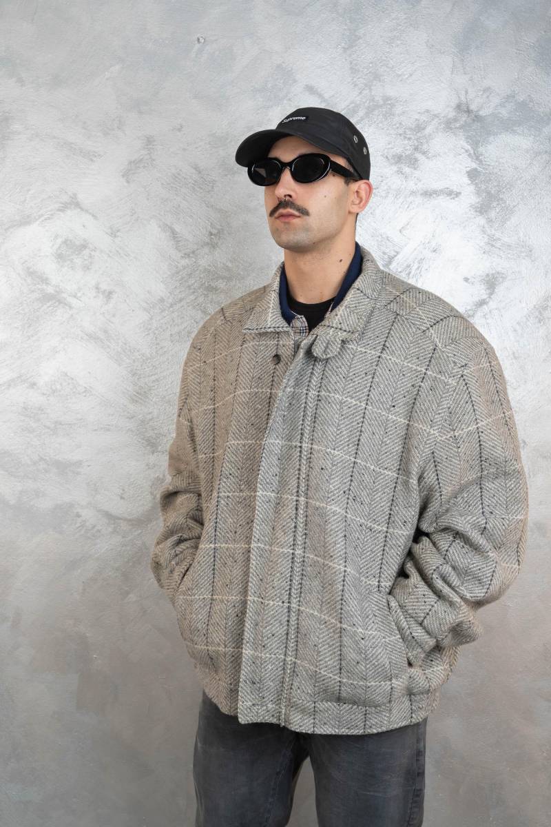 Vintage Woolen Bomber Jacket Grey Check Pattern Size L - Xl Wool Blend Gender Neutral 80S 90S Second Hand von nonaClothingVintage