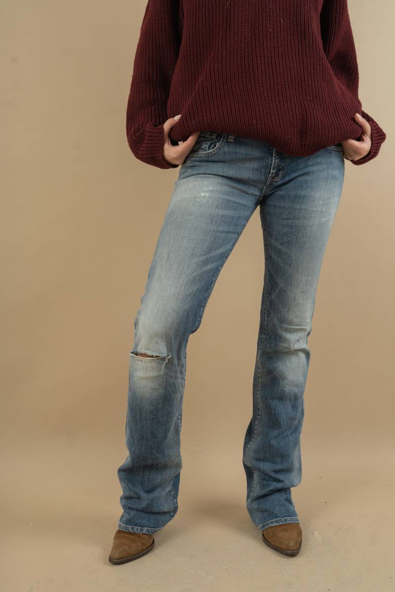 Vintage Y2K Size S Low Waist Acid Wash Denim Pants With Funky Back Pockets 90S Batting von nonaClothingVintage