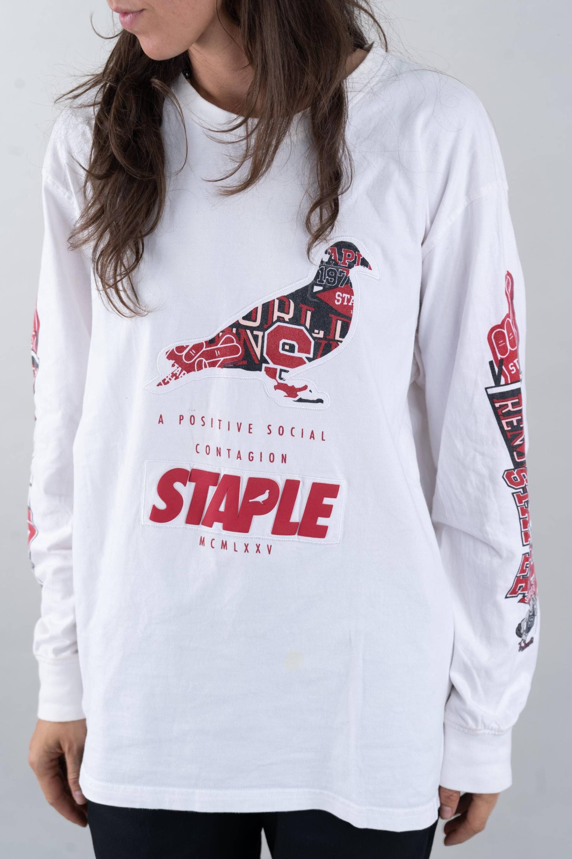 Y2K Stapel Pigeon Sweatshirt White Red Graphic Printed Size L - Xl Oversized Cotton Unisex Gender Neutral 90S von nonaClothingVintage