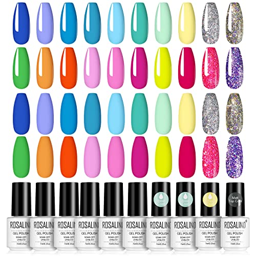 ROSALIND 24 Pieces UV Nagellack Set, 20 Farbe Gel Nagellack Gelb Orange Blau Grün Rot Glitzern Nagellack Shellac Set Soak Off Gel Nail Polish With Top Base Coat and Matte Top Coat von ROSALIND