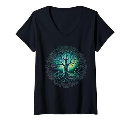 Damen Baum des Lebens Raben Wikinger nordische Runen T-Shirt mit V-Ausschnitt von nordische Kultur und Nordmänner Designs