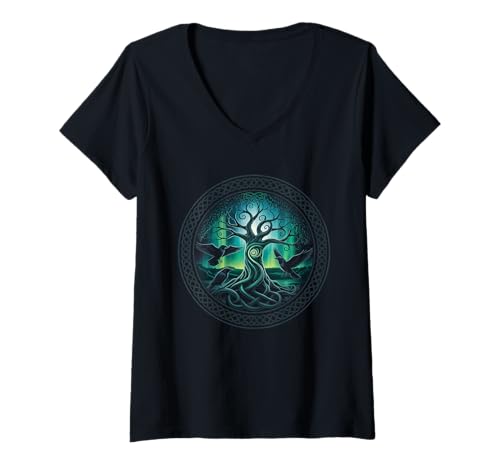 Damen Baum des Lebens Raben Wikinger nordische Runen T-Shirt mit V-Ausschnitt von nordische Kultur und Nordmänner Designs