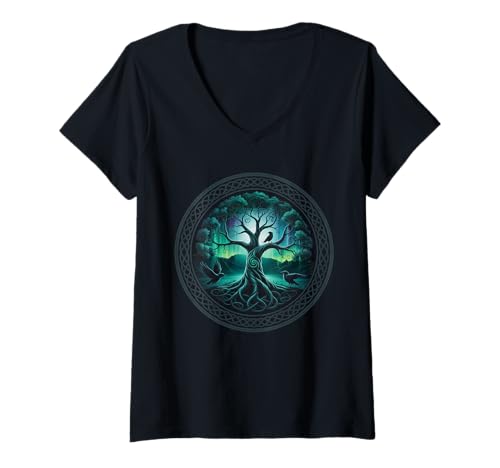 Damen Baum des Lebens Raben Wikinger nordische Runen T-Shirt mit V-Ausschnitt von nordische Kultur und Nordmänner Designs