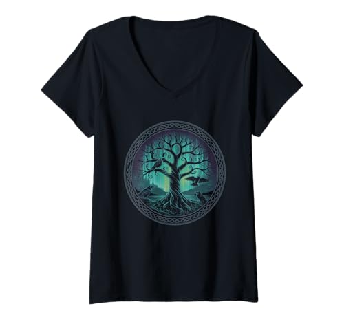 Damen Baum des Lebens Raben Wikinger nordische Runen T-Shirt mit V-Ausschnitt von nordische Kultur und Nordmänner Designs