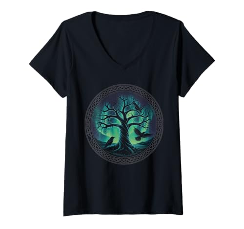 Damen Baum des Lebens Raben Wikinger nordische Runen T-Shirt mit V-Ausschnitt von nordische Kultur und Nordmänner Designs