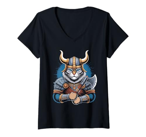 Damen Katze von Odin Kater als Wikinger mit Axt Mythologie T-Shirt mit V-Ausschnitt von nordische Kultur und Nordmänner Designs