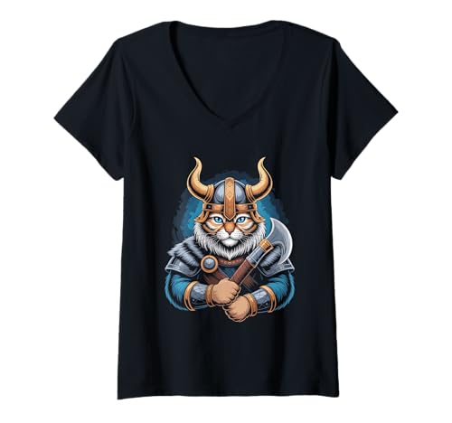 Damen Katze von Odin Kater als Wikinger mit Axt Mythologie T-Shirt mit V-Ausschnitt von nordische Kultur und Nordmänner Designs