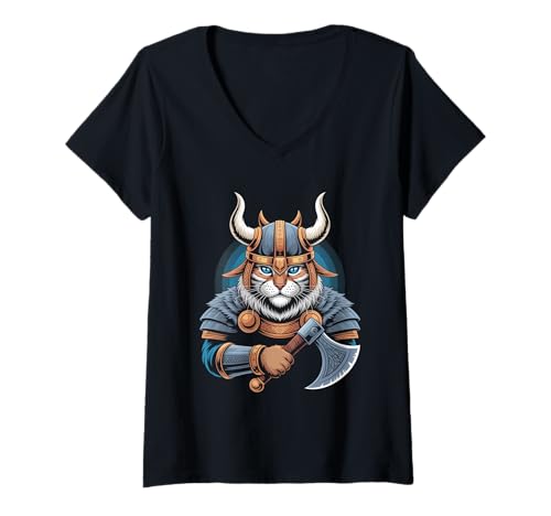 Damen Katze von Odin Kater als Wikinger mit Axt Mythologie T-Shirt mit V-Ausschnitt von nordische Kultur und Nordmänner Designs