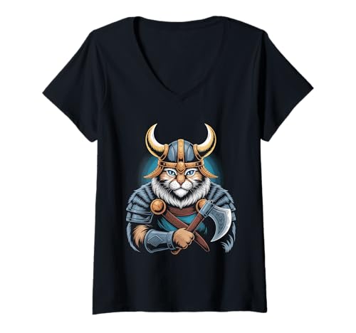 Damen Katze von Odin Kater als Wikinger mit Axt Mythologie T-Shirt mit V-Ausschnitt von nordische Kultur und Nordmänner Designs