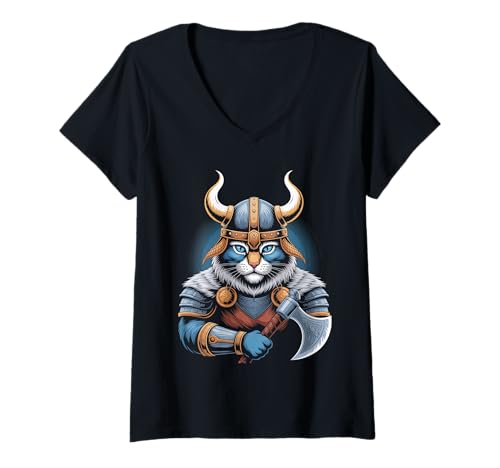 Damen Katze von Odin Kater als Wikinger mit Axt Mythologie T-Shirt mit V-Ausschnitt von nordische Kultur und Nordmänner Designs