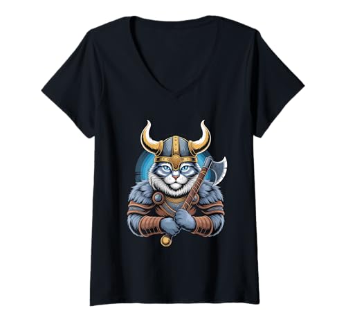 Damen Katze von Odin Kater als Wikinger mit Axt Mythologie T-Shirt mit V-Ausschnitt von nordische Kultur und Nordmänner Designs