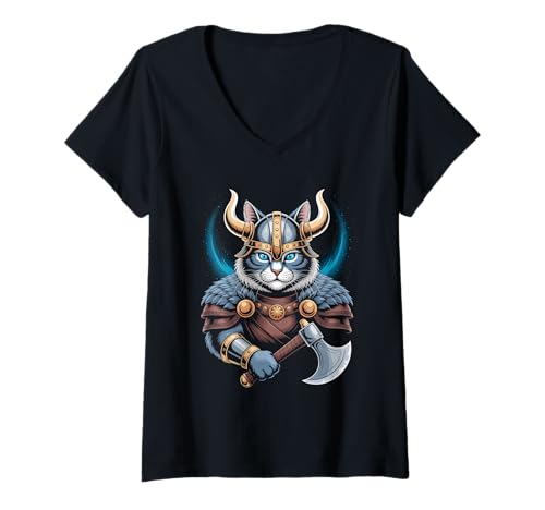 Damen Katze von Odin Kater als Wikinger mit Axt Mythologie T-Shirt mit V-Ausschnitt von nordische Kultur und Nordmänner Designs