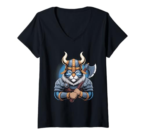 Damen Katze von Odin Kater als Wikinger mit Axt Mythologie T-Shirt mit V-Ausschnitt von nordische Kultur und Nordmänner Designs