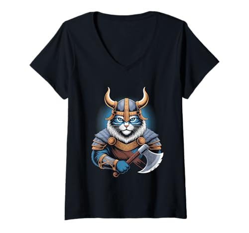Damen Katze von Odin Kater als Wikinger mit Axt Mythologie T-Shirt mit V-Ausschnitt von nordische Kultur und Nordmänner Designs