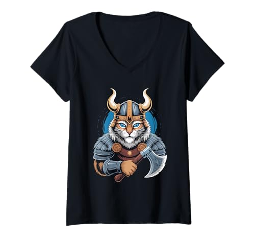 Damen Katze von Odin Kater als Wikinger mit Axt Mythologie T-Shirt mit V-Ausschnitt von nordische Kultur und Nordmänner Designs