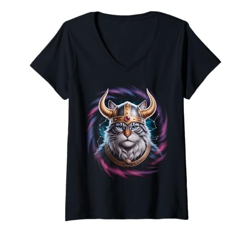 Damen Katze von Odin Kater als Wikinger mit Axt Mythologie T-Shirt mit V-Ausschnitt von nordische Kultur und Nordmänner Designs