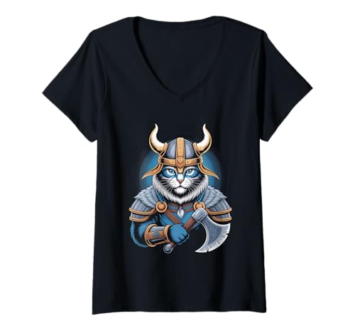 Damen Katze von Odin Kater als Wikinger mit Axt Mythologie T-Shirt mit V-Ausschnitt von nordische Kultur und Nordmänner Designs