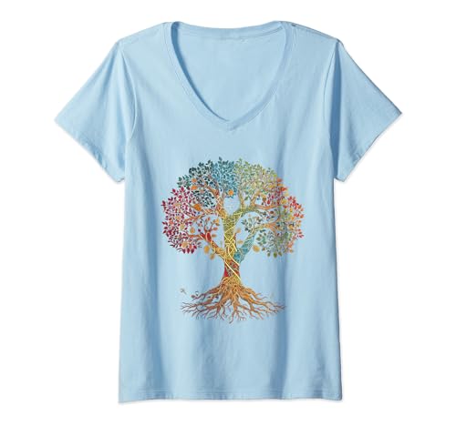Damen Odin Baum des Lebens Wikinger Walhalla Pagan farbenfrohes T-Shirt mit V-Ausschnitt von nordische Kultur und Nordmänner Designs