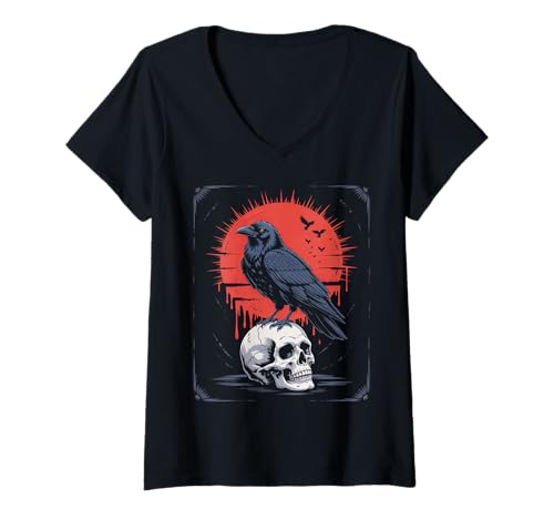 Damen Rabe sitzt auf Schädel Odin Wikinger nordische Mythologie T-Shirt mit V-Ausschnitt von nordische Kultur und Nordmänner Designs