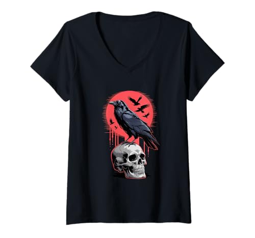 Damen Rabe sitzt auf Schädel Odin Wikinger nordische Mythologie T-Shirt mit V-Ausschnitt von nordische Kultur und Nordmänner Designs